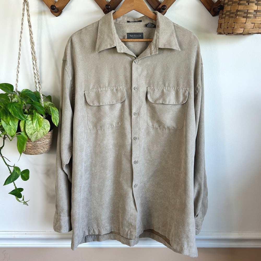 Van Heusen Mens Tan Faux Suede Long Sleeve Button Down Shirt Size L 16-16.5